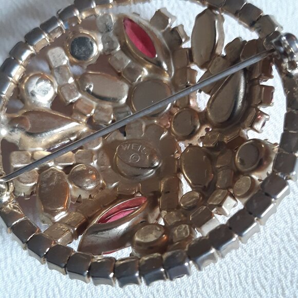 1960s Weiss Pink Rhinestone 2 Inch Circular Domed Vintage Brooch - Picture 15 of 16